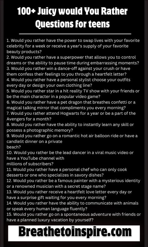 juicy would you rather questions for teens Would You Rather Juicy, Juicy Truth Questions For Teenagers, Juicy Truth Questions For Friends, Crazy Would You Rather Questions, Would U Rather Question For Teens, What Would You Rather Questions, Would You Rather For Teens, Q And A Questions Friends, Abc Expose Me Questions Juicy