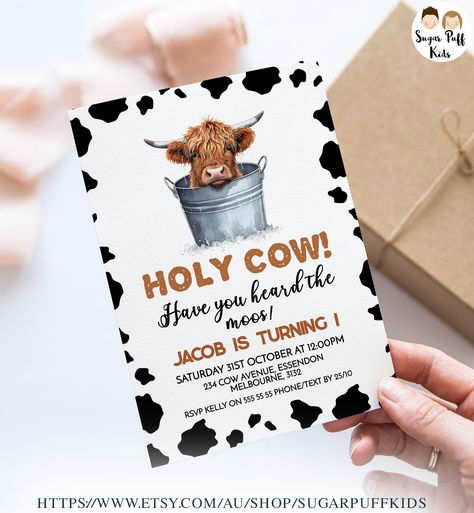 Printable Highland Cow in Bucket 1st Birthday Invite, Editable Holy Cow Invite, Boys Instant Download Highland Cow Invite, Black Cow Print Highland Cow Birthday Invitations, Cow First Birthday Boys, Cow Print 1st Birthday, Highland Cow Birthday Party, Cow 1st Birthday, 1st Rodeo, Cow Birthday Parties, 1st Birthday Invite, Farm Themed Birthday Party