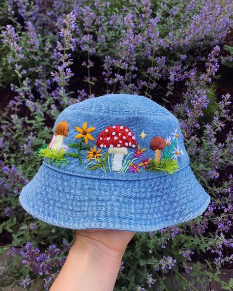 Crochet Bucket Hat Ideas, Bucket Hat Patterns, Bucket Hat Ideas, Bucket Hat Embroidery, Mushroom Field, Cottagecore Hat, Cute Bucket Hats, Bucket Hat Pattern, Bucket Hat Design