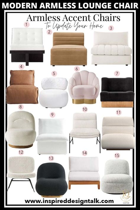 modern armless chair Slipper Chair Bedroom, Lounge Chair Ideas, Accent Chair Ideas, Armless Chair Living Room, Armless Accent Chairs, Side Chairs Bedroom, Beige Accent Chair, Armless Lounge Chair, Side Chairs Living Room