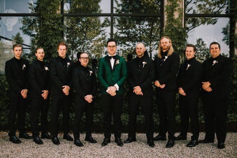 Dusty Rose and Emerald Grand Rapids Barn Wedding Black And Emerald Tuxedo, Groom In Green Groomsmen In Black, Green Groom Black Groomsmen, Green Groom Suit Black Groomsmen, Groomsmen Black And Green, Groomsmen Attire Black And Green, Emerald Green Weddings Groomsmen, Hunter Green Groomsmen Attire, Black And Green Groomsmen Attire