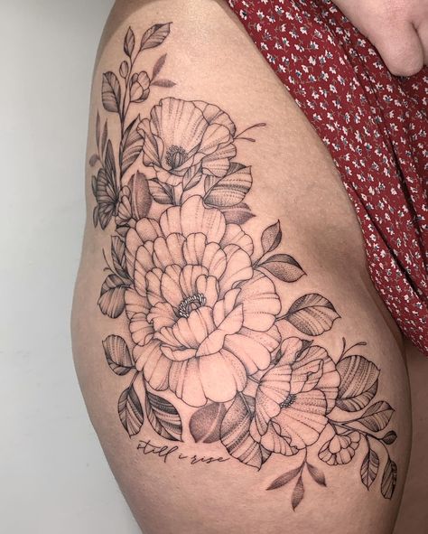 Poppy And Peony Tattoo, Peony Hip Tattoo, Front Thigh Tattoos, Poppies Tattoo, Still I Rise, Peonies Tattoo, Thigh Tattoos Women, Hip Tattoo, Thigh Tattoo