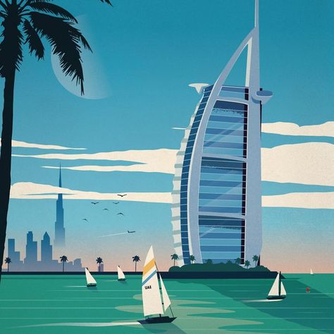 IdeaStorm Studios on Instagram: “Here’s a customized version of my Dubai Travel Poster art that I worked on for an upcoming sailing event. 🎨 . . . .  #Dubai #uae #poster…” Highlight Covers Instagram Icon Blue, Poster Design Illustration, Dubai Art, Dubai Travel, Travel Locations, Illustration Artwork, Dubai Uae, Travel Poster, Design Illustration