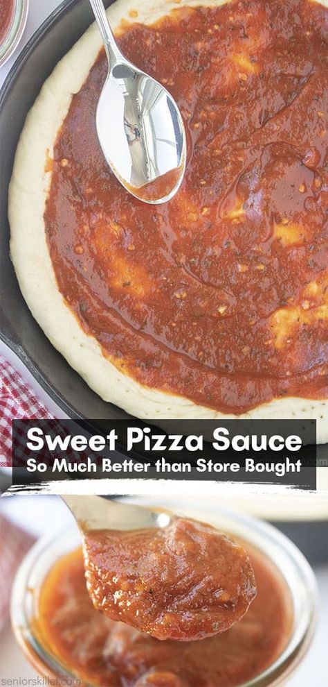 Sweet Pizza Sauce Recipe, Sweet Pizza Sauce, Sweet Sauce Recipes, Sweet Pizza, Homemade Marinara Sauce, Homemade Pizza Crust, Pizza Sauce Recipe, Easy Homemade Pizza, Marinara Sauce Homemade