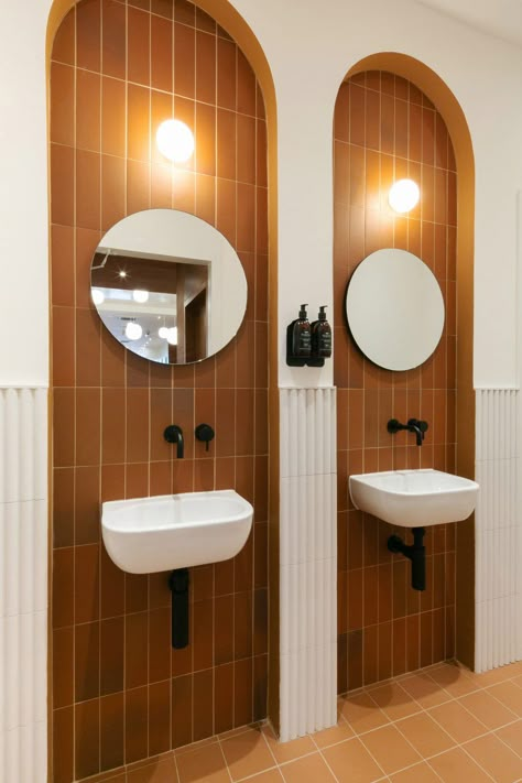 Terracotta Tile Floors, Toilet Cubicle, Group Office, Public Bathroom, Restroom Design, Cosy Interior, London Interior, Public Bathrooms, Grooming Salon