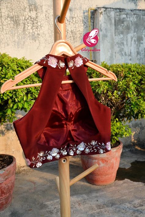 Maroon Crepe Sequins Handwork Padded Blouse - Blouses Maroon Full Sleeve Blouse, Maroon Blouse Designs, Halterneck Blouse, Exclusive Blouse Designs, Halter Neck Blouse, Fashionable Saree, Netted Blouse Designs, Blouse Works, Stylish Blouses