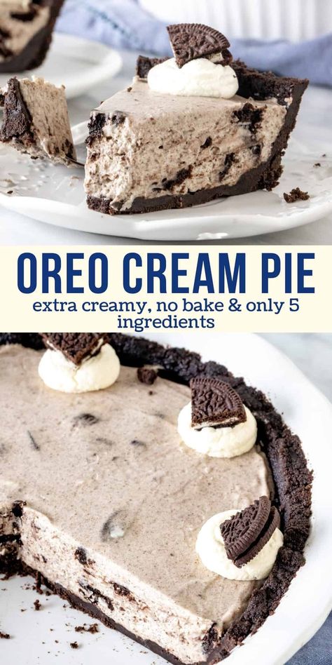 This Oreo pie is incredibly creamy, filled with crushed cookies and has a thick Oreo cookie crust. The recipe only requires 5 ingredients, is completely no bake, and has the most delicious cookies and cream flavor. #oreo #pie #nobake #cookiesandcream #summer #recipe #oreodessert from Just So Tasty Cookies And Cream Pie, Oreo Cream Pie, No Bake Oreo Pie, Oreo Cookie Dessert, Oreo Dessert Recipes, Oreo Pie, Oreo Pudding, Oreo Cream, Dessert Board