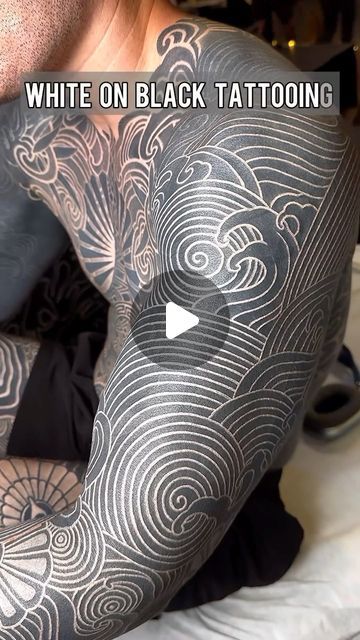 Full Black Tattoo, White On Black Tattoo, White Over Black Tattoo, Black Sleeve Tattoo, Black White Tattoos, White Ink Tattoo, Black Tattoo, Body Modifications, Sleeve Tattoo