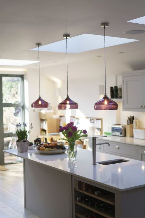 Hanging glass pendant lights in purple above a kitchen island. The 'Retro' shade comes in various sizes and 22 colour options. By Curiousa & Curiousa. Lights Over Kitchen Island, Kitchen Island Lighting Modern, Farmhouse Kitchen Island, Modern Kitchen Island, Kitchen Island Lighting Pendant, Kitchen Lighting Fixtures, Island Lights, Kitchen Island Pendants, Kitchen Pendants