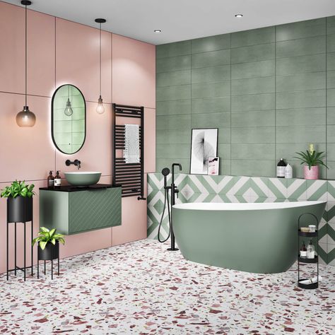 Update your bathroom with these 5 key products and bring the calming tranquil on trend colour to your renovation Small Bathroom Ideas Sage Green, Green And Blush Bathroom, Sage And Pink Decor, Bathroom Ideas Colourful, Pastel Green Bathroom Ideas, Pink And Olive Bathroom, Blush And Green Bathroom, Bathroom Pink Green, Pink Green Tile Bathroom