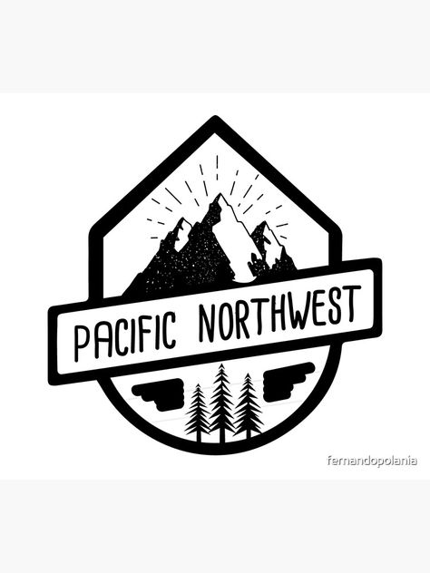 "PNW Pacific Northwest Oregon Washington Mountain Trees Shield" Art Print by fernandopolania | Redbubble Washington Tattoo Pacific Northwest, Pnw Branding, Pnw Drawings, Pacific Northwest Icon, Pnw Artwork, Pnw Art, Washington Mountains, Mountain Trees, Wood Logo