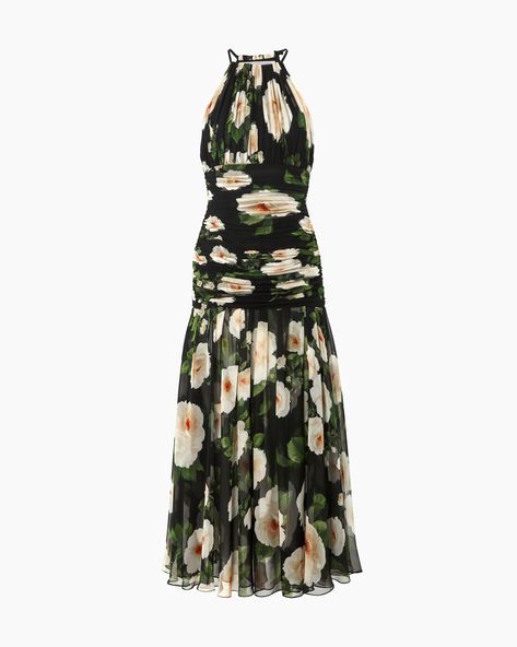 Rose-Print Chiffon Ruched Halterneck Dress - Ready-to-Wear | Carolina Herrera Whimsical Dress, Silk Chiffon Fabric, Chiffon Midi Dress, Halter Midi Dress, Ruched Bodice, Silk Midi Dress, Cotton Midi Dress, Pinterest Closet, Chiffon Maxi