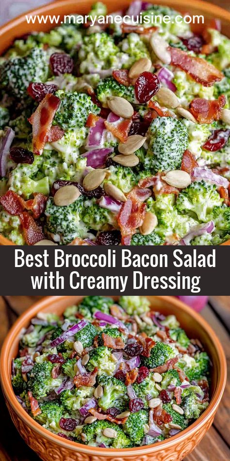 Get the best of crunch and flavor with broccoli, bacon, cheddar, and cranberries tossed in a tangy dressing. This salad is a crowd-pleaser! Broccoli Bacon Cranberry Salad, Egg And Bacon Salad, Bodacious Broccoli Salad, How To Make Broccoli Salad, Broccoli Craisin Salad, Tossed Salad Recipes For A Crowd, Christmas Broccoli Salad, Dressing For Broccoli Salad, Bacon Broccoli Pasta Salad