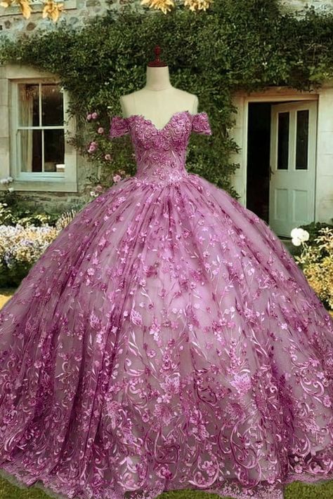 Lilac Ball Gown Dress Purple 15 Dress, Enchanted Forest Gown, Purple Quince Dress, Hot Pink Quinceanera Dresses, Dress For Quinceanera, 15 Birthday Dresses, Enchanted Forest Prom, Poofy Prom Dresses, Enchanted Dress