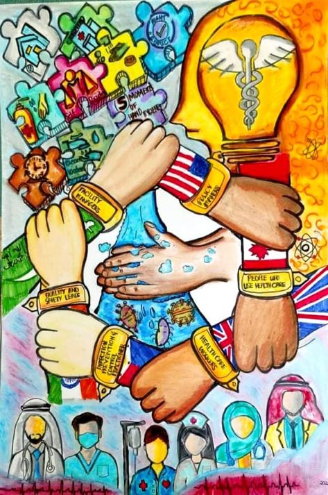 Unite for safety, clean your hands Washing Hands Poster, Hand Hygiene Posters Nursing, Global Handwashing Day Poster, Antimicrobial Resistance Poster, Poster Kesehatan Simple, Poster Making About Health, Hand Hygiene Posters, Health Awareness Poster, Infection Control Nursing