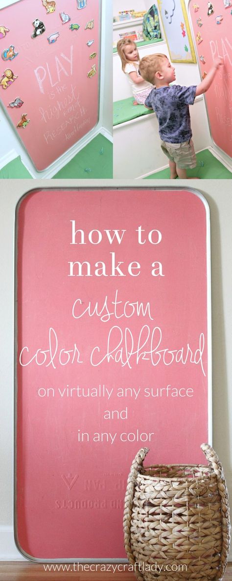 How to make a custom colored chalkboard - turn virtually any surface into a chalkboard in any color Colored Chalkboard Paint, Chalkboard Wall Playroom, Room For Boys, Diy Chalkboard Paint, Chalkboard Crafts, Painted Tables, Kids Chalkboard, Boys Diy, Whiteboard Wall