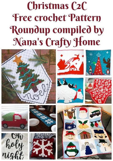 Looking for Christmas C2C patterns?  This roundup of free patterns will be sure to inspire you! Fun and festive these 10 free crochet patterns would be perfect to keep or gift. #nanascraftyhome Crochet Holiday Pillows Free Patterns, Christmas C2c Crochet Patterns, C2c Projects, Seasonal Blankets, C2c Christmas, Colorful Crochet Blanket, Pixel Blanket, Christmas Pixel, C2c Afghan