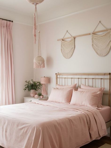 Create a summer-inspired bedroom aesthetic by incorporating shades of pink. Add a floral pink duvet cover, pair it with blush pink curtains, and finish the look with a rattan chair and a hanging macrame plant holder. Blush Pink Curtains, Rattan Bedroom, Bedroom Vibes, Pink Duvet, Summer Bedroom, Pink Duvet Cover, Pink Curtains, Macrame Plant Holder, Hanging Macrame