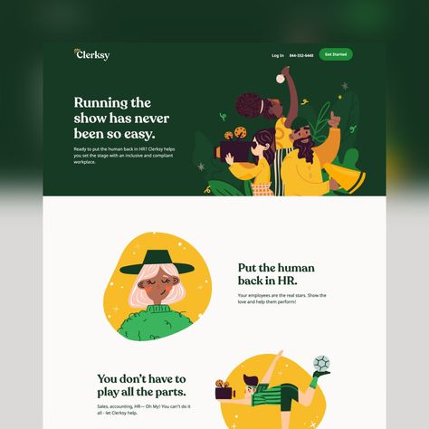 Beautifully designed Landing Page for Clerksy, an outsourced HR service. The earthy color scheme, along with the custom character illustrations, are just wonderful. A great reference to making your website stand out from the million others out there! Full Review Website Branding Design, Colorful Website, Barbie Coloring Pages, Ui Design Website, Lets Talk, Instagram Branding, Website Illustration, Modern Website, Ui Design Inspiration