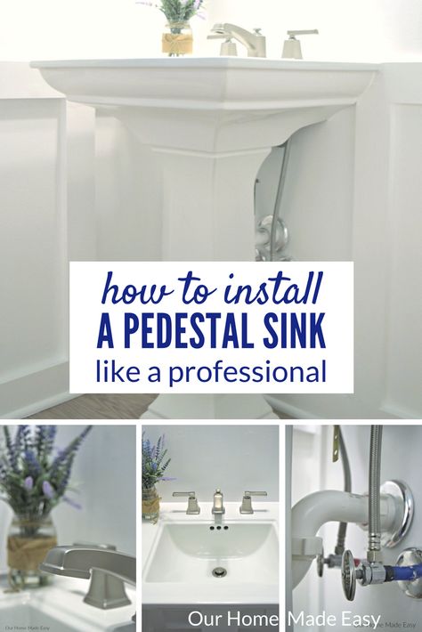 Here is an easy how to install a pedestal sink. Includes how to remove existing sink and replacing the faucet Molding Powder Room, Pedastle Sink Bathroom Ideas, Pedistal Sink, Pedastal Sink, Bathroom Pedestal Sink, Pedestal Sink Bathroom, Diy Porch Decor, Cheap Rustic Decor, Diy Window Treatments