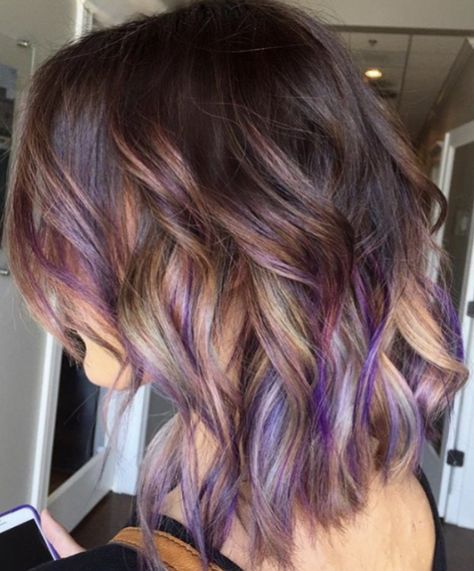 Brown hair with purple, grey, and blonde Purple Brown Hair, Honey Blond, Grey Blonde Hair, Grey Blonde, Brown Ombre Hair, Nails Purple, Purple Highlights, Hair Color Purple, Pinterest Hair