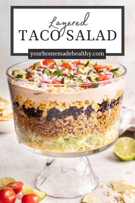 This quick and easy 30 Minute Layered Taco Salad is a simple weeknight meal. It's also beautifully layered and easily transportable, which makes it perfect for all of your summertime potlucks and football tailgates too. Your family is sure to love it! 7 Layer Taco Salad, Layer Taco Salad, Layered Taco Salad, Layered Taco Salads, Layered Taco, Mexican Salads, 7 Layer, Taco Salad, Easy Summer