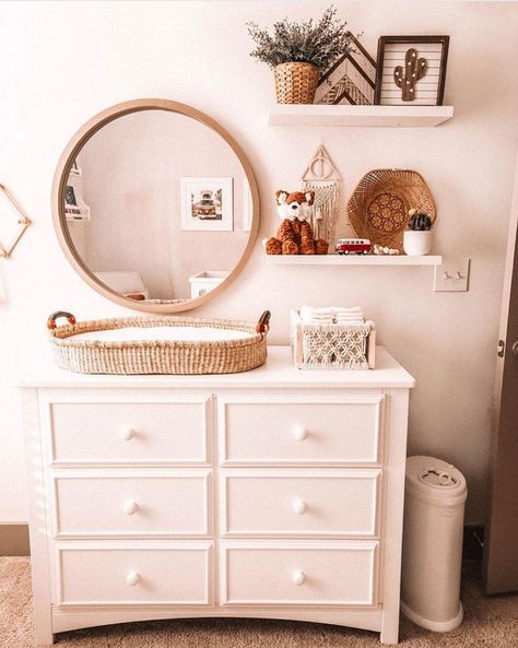 Love everything about this gender neutral natural nursery with boho accents including the changing basket which is a big nursery trend for 2020! Boho Nursery Mirror, Changing Dresser Nursery, Nursery Dresser Decor, Big Nursery, Nursery Mirror, Changing Basket, Neutral Nursery Decor, Baby Nursery Inspiration, Baby Dresser