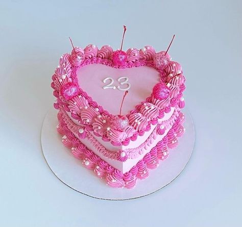 Hot Pink Heart Shaped Cake, 23 Heart Cake, Hot Pink Bday Cake, 30th Birthday Heart Cake, Barbie Cake Aesthetic, Barbie Heart Cake, Pink Glitter Heart Cake, Vintage Barbie Cake, Pink Heart Shaped Cakes Birthday