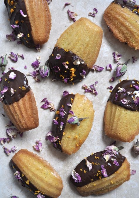 Cardamom, Orange & Chocolate Dipped Madeleines | Dine with Dina Chocolate Dipped Madeleines, Chocolate Madeleines, Orange Cardamom, Orange Chocolate, Chocolate Orange, Caster Sugar, Orange Zest, Sweet Chocolate, Plain Flour