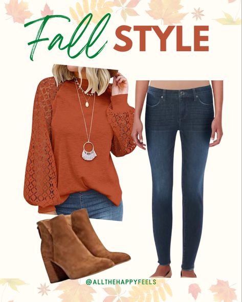 Burnt Orange Pants Outfit Fall, Orange Top Outfit Fall, Burnt Orange Shirt Outfit, Orange Top Outfit, Orange Shirt Outfit, Rust Jeans, Denim Outfit Fall, Booties Outfit Fall, Burnt Orange Top