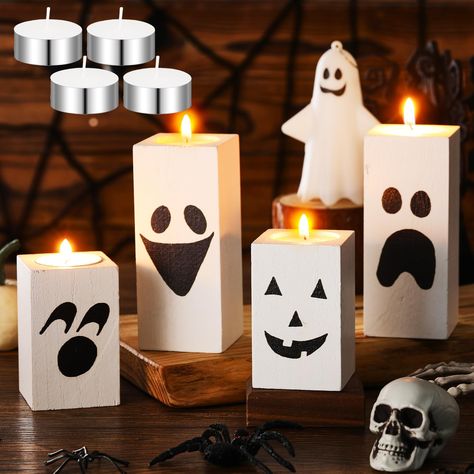 PRICES MAY VARY. Meet Your Needs: with every purchase, you don't just get the beautifully designed 4 Halloween tea light candle holders, but also 4 tea lights included in the package, each candle can burn for 8 hours,the comprehensive package makes it ready to use, enhancing your convenience, and you can share this set with your family or friends Halloween Design and Material: our Halloween tea light candle holders are constructed from quality wood, giving it durability and longevity, The outer Halloween Ghost Table Decorations, Halloween Birthday Centerpieces, Halloween Table Decorations Centerpieces, Wooden Halloween Decorations, Table Decor Halloween, Halloween Centerpieces, Candles Halloween, Halloween Table Settings, Halloween Table Decor