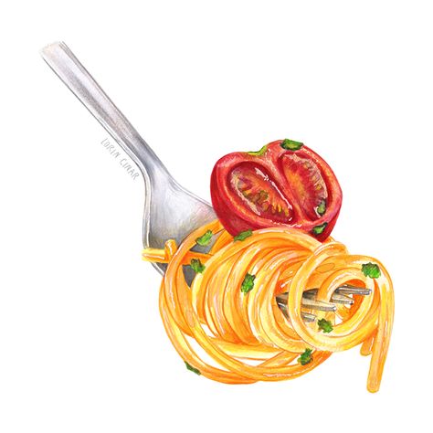 Mixed media Pasta illustration by Lorin Cinar.  #food #pasta #tomato #tomatopasta #meal #delicious #foodillustration #editorial #pastaonafork #illustration Cake Pizza, Food Art Painting, Pizza Sandwich, Food Artwork, Food Sketch, Breakfast Bread, Desain Editorial, Food Illustration Art, Watercolor Food