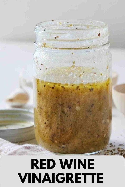 This zesty Red Wine Vinaigrette is so easy to make with only a handful of ingredients. Made in five minutes or less, this homemade dressing is flavorful and super versatile. Ditch the store-bought dressing and make this instead with kitchen staples! Red Wine Vinegar Salad Dressing Recipe, Red Wine Vinaigrette Dressing Recipe, Red Wine Vinegarette, Wine Vinegar Salad Dressing, Red Wine Vinegar Salad, Vinegrette Salad Dressing, Red Wine Vinegar Salad Dressing, White Wine Vinaigrette, Vinegar Salad