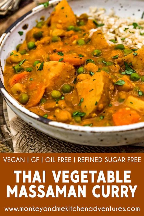 Oil-free and easy to make, this Instant Pot (or Stove Top) Thai Vegetable Massaman Curry is brimming with curry flavors and plant powered ingredients. #wholefoodplantbased #vegan #oilfree #glutenfree #plantbased | monkeyandmekitchenadventures.com Thai Vegetable Curry, Monkey And Me Kitchen Adventures, Monkey And Me, Vegetarian Thai, Vegan Curry Recipes, Plant Based Soups, Massaman Curry, Vegan Curry, Oil Free Vegan