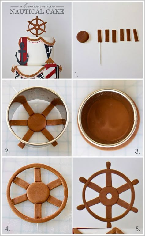 Clay Ship Wheel idea from: Nautical Beach Cake by Miso Bakes  |  TheCakeBlog.com Boat Cake, Fondant Techniques, Nautical Cake, Beach Cakes, Cake Topper Tutorial, Nautical Birthday, Cake Blog, Fondant Tutorial, Modeling Chocolate