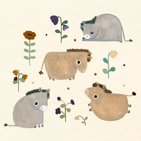 chubby donkeys 💛 do you have a favorite? love the donkey that wants to eat the whole flower right away.🌿 | Instagram Cute Donkey Drawing Art, Donkey Drawing, Farm Illustration, Doodle Animals, Cute Donkey, Cute Sheep, The Donkey, Illustrators On Instagram, Weird Art