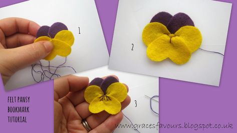 Felt Pansy Pattern, Felt Pansies, Felt Pansy, Bookmark Tutorial, Felt Flowers Patterns, Felt Flowers Diy, Felt Roses, Pansy Flower, Felt Gifts