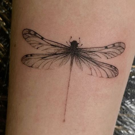 Dragonfly Tattoo Line Art, Dragon Fly Wings Tattoo, Dragonfly Line Drawing, Dragonfly Shoulder Tattoo, Fine Line Black And Grey Tattoo, Black Dragonfly Tattoo, Realistic Dragonfly Tattoo, Fine Line Animal Tattoos, Dragonfly Back Tattoo