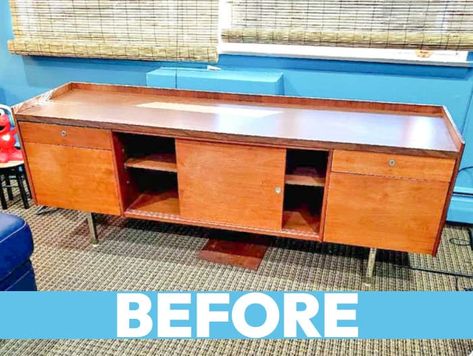 Before and After: Mid-Century Modern Furniture Makeover Refurbished Mid Century Furniture, Office Credenza Makeover, Credenza Makeover Before After, Mid Century Modern Furniture Makeover, Credenza Makeover, Modern Furniture Makeover, Mid Century Modern Buffet, Mid Century Modern Credenza, Buffet Makeover