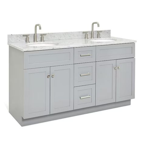 ARIEL Hamlet 61-in Grey Undermount Double Sink Bathroom Vanity with White Marble Top in the Bathroom Vanities with Tops department at Lowes.com 60 Inch Double Vanity, Carrara Marble Countertop, Plywood Cabinets, Bathroom Red, Hardwood Plywood, Cabinet Color, Quartz Countertop, Marble Vanity Tops, Double Sink Bathroom Vanity