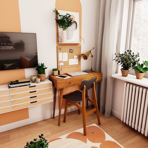 Small Apartment Office Space Desk Areas, Office Desk In Living Room Small Spaces, Desk Next To Tv, Work Desk In Living Room, Small Office Space In Living Room, Office Nook In Living Room, Small Office Area, Living Room With Color, Bachelorette Apartment