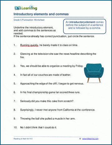 Introductory elements worksheets. Introductory elements are clauses, phrases or words placed at the beginning of a sentence, prior to the main clause. In these worksheets, students identify introductory elements and set them off from the rest of the sentence with a comma. Free grammar and punctuation worksheets from Grammar Worksheets Grade 5, Introductory Phrases, Punctuation Worksheets, Early Science, Budget Template Free, Cursive Writing Worksheets, Comprehension Exercises, Excel Budget Template, Pattern Worksheet