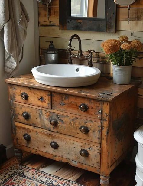 35 Charming Farmhouse Single Sink Bathroom Vanity Ideas Farmhouse Bathroom Vessel Sink Ideas, Repurpose Furniture For Bathroom Vanity, Bathroom Bowl Sink Ideas Wood Vanity, Apron Sink Bathroom Vanity, Bathrooms With Farmhouse Sinks, Dry Sink Turned Into Vanity, Bathroom Sink Dresser, Camp Style Bathroom, Alternative Bathroom Vanity Ideas