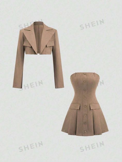 SHEIN Sweetro Women's Minimalist Business/Casual Notched Collar Cropped Blazer And Tank Dress 2-Piece Suit | SHEIN USA Cropped Blazer Dress, Minimalist Business Casual, Minimalist Business, Cropped Blazer, Sims 4 Cc, Notched Collar, Blazer Dress, Tank Dress, Sims 4