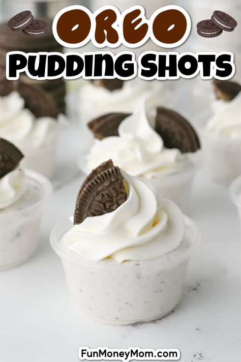 These Oreo pudding shots are a creamy and delicious treat that's sure to be a hit at your next party. A creamy Oreo-flavored dessert with a fun boozy kick, there's nothing better for getting everyone in the mood to celebrate. Oreo Pudding Shots, Cookies And Cream Pudding, Pudding Shot Recipes, Cookie Shots, Oreo Pudding, Dessert Shots, Pudding Shots, Oreo Flavors, Party Food Dessert