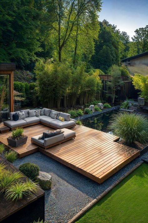 Ground Level Deck, Backyard Landscaping Plans, Backyard Pavilion, Outdoor Living Design, Backyard Pools, Ground Level, Timber Deck, Deck Garden, Small Backyard Pools