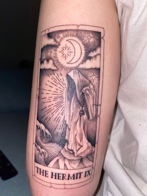 Hermit Card Tattoo, Hermit Tarot Card Tattoo, The Hermit Tarot Card Tattoo, Tarot Card Tattoo Hermit, Tarot The Hermit, Tarot Card Hermit, The Hermit Tarot, Tarot Card Tattoo, Card Tattoo