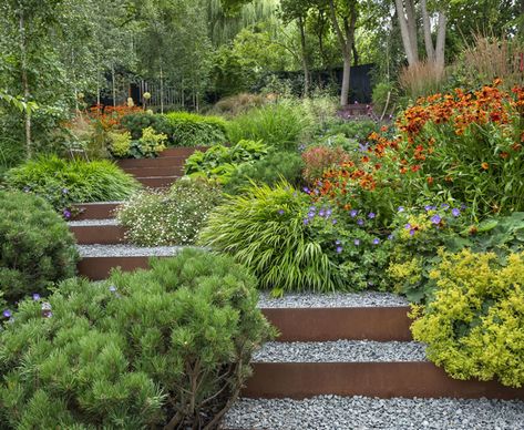 Cascading Plants, Steep Gardens, Sloping Garden, Steel Garden Edging, Terraced Gardens, Hampton Garden, Terraced Garden, Hill Garden, Landscaping On A Hill