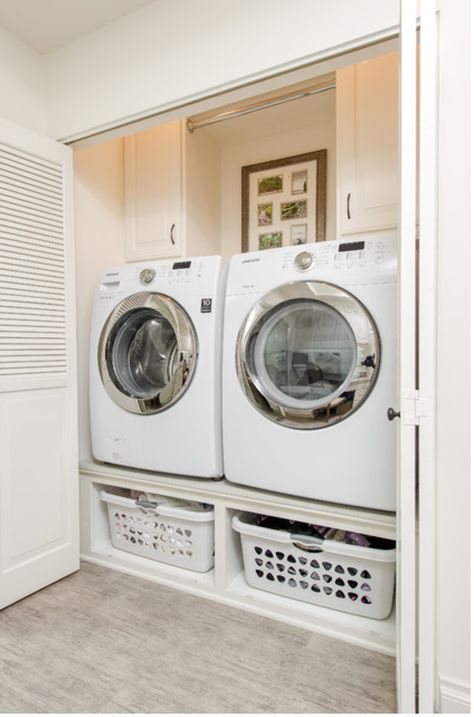 Space for laundry basket under front loading washer and dryer.  One washer should be large capacity top loading. Zebra Bathroom, White Laundry Room, Small Laundry Room Makeover, Small Laundry Room Organization, Tiny Laundry Rooms, Room Storage Diy, Basement Laundry Room, Modern Basement, Basement Laundry