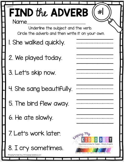 ADVERBS GRAMMAR UNIT KINDERGARTEN - adverbs - nouns - adjectives - subject and verb - reading and writing - grammar - easy lesson - cut and paste worksheets - fill in the blank - how when where how often - activity pages - posters - pocket chart work - small groups - guided reading - writing sentences - quiz - freebies #kindergartenphonics #kindergartengrammar Nouns Verbs Adjectives Adverbs Worksheet, Verbs And Adverbs, Verb And Adverb Worksheet, Adverbs Worksheet For Grade 1, Adverb Worksheets For Grade 2, Adverbs Activity, Adverbs Activities, Adverbs Lesson, Adjective Quiz